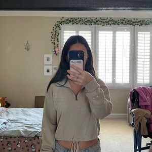 Women's American Eagle Cropped Cream Half-Zip Top